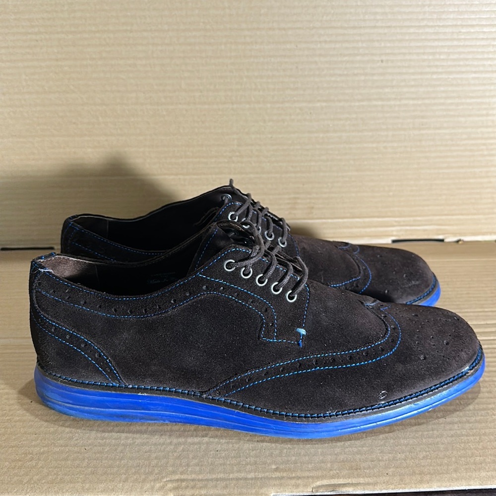 Donald J. Pliner Shoes in brown suede with blue soles and accent stitching